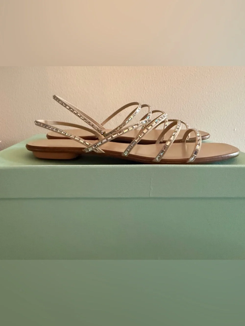 Aquazzura Tan Crystal-Strap Square Toe Flat Sandals - Picture 7 of 10